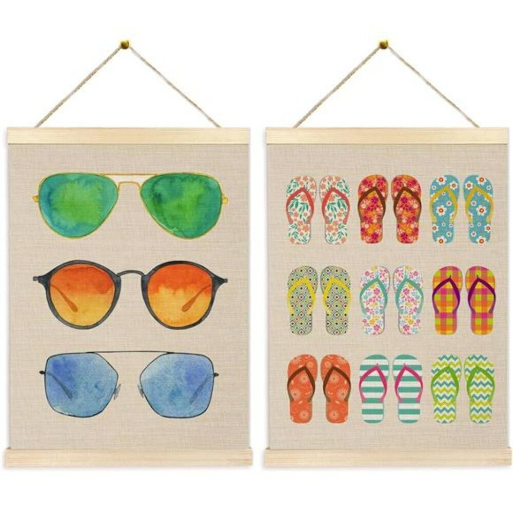Summer Beach Wall Art Set Flip Flop Coastal Decor Hanging Posters 12x16 Inch